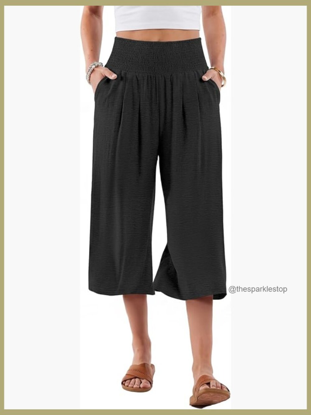 Smocked High Waisted Wide Leg Cropped Palazzo Capri Pants for Women